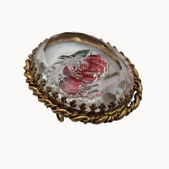 Vintage Gold-Toned Frame Clear Glass Red Handpainted Rose Brooch Fashion Jewelry - Picture 6 of 16